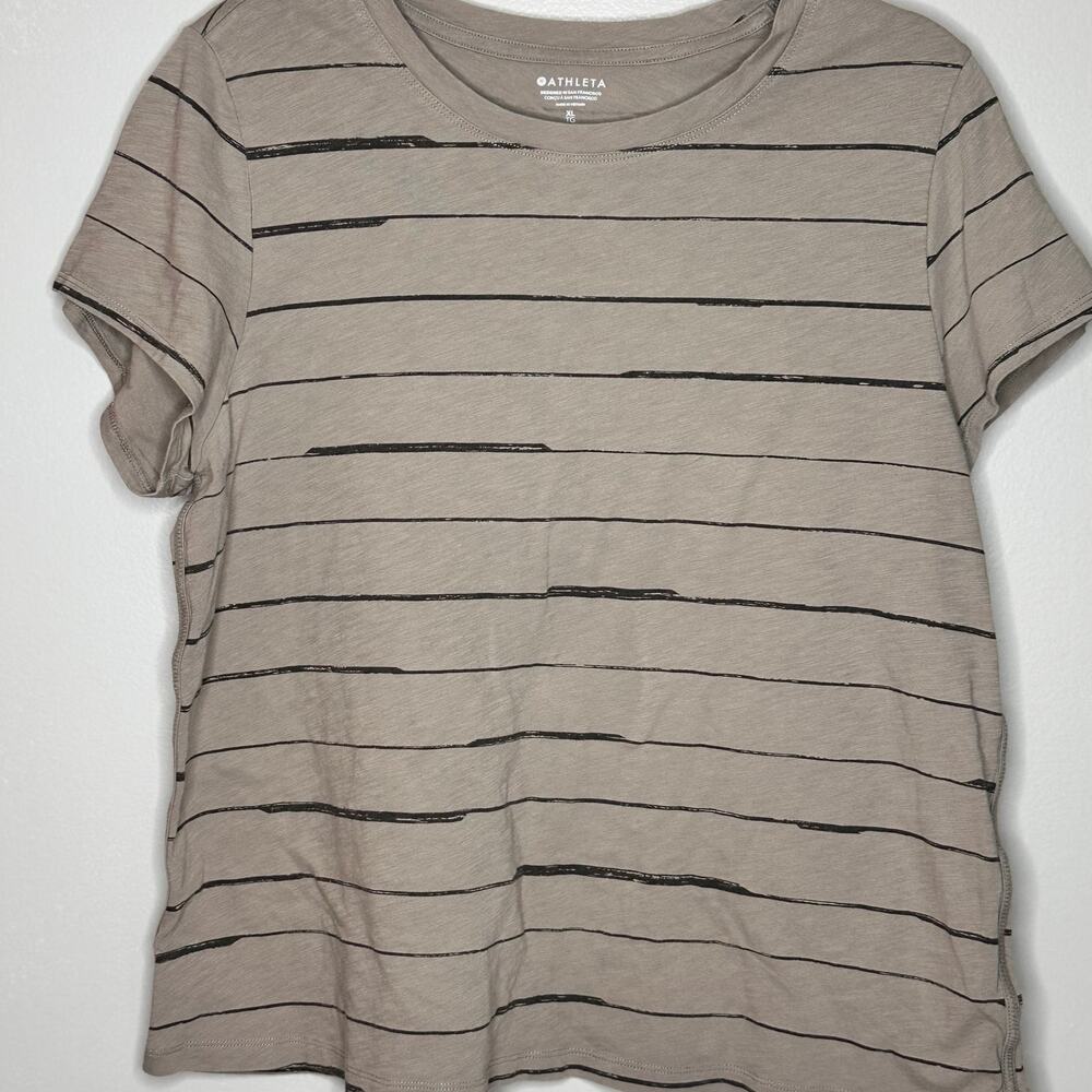 Athleta Womens Size XL Brown Black Stripe Crew Neck Short Sleeve T-Shirt